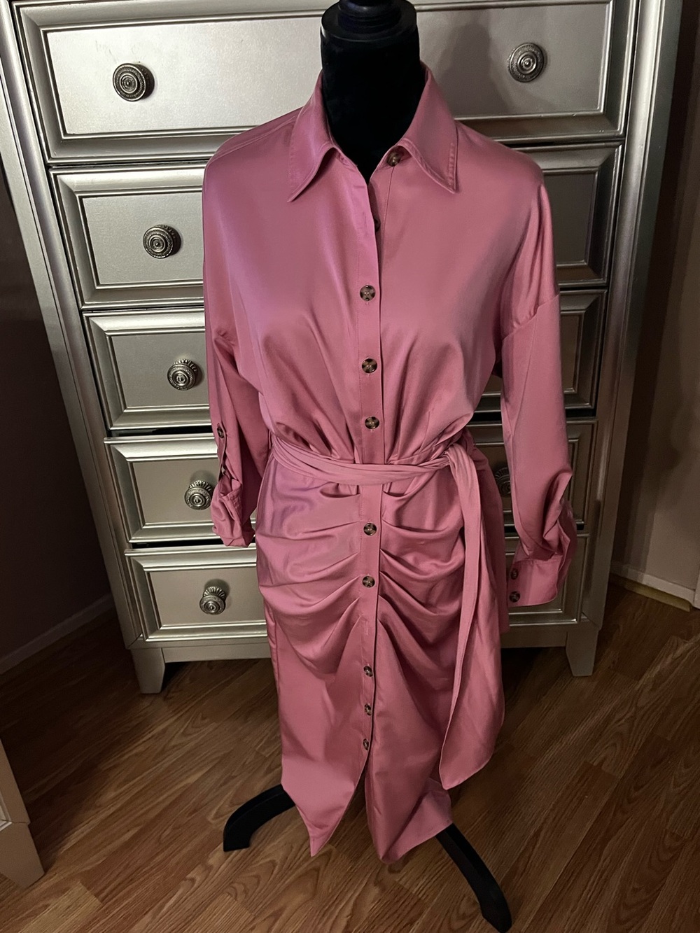 Antonio Marras Rose-Mauve Button-Front Long Sleeve Shirtdress